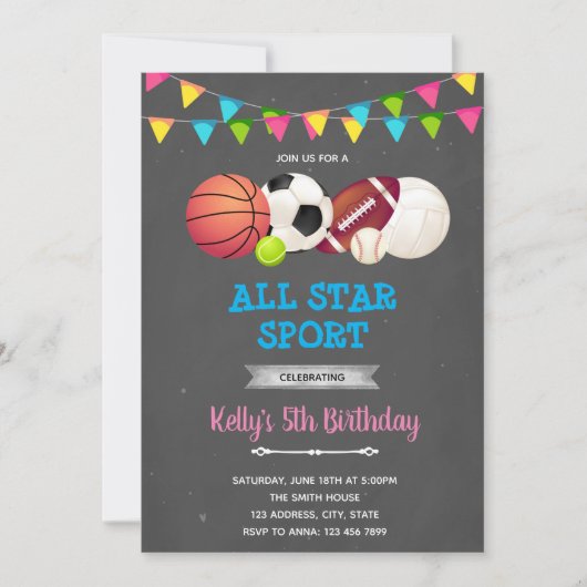 All star sport meisje party Uitnodiging (Voorkant)