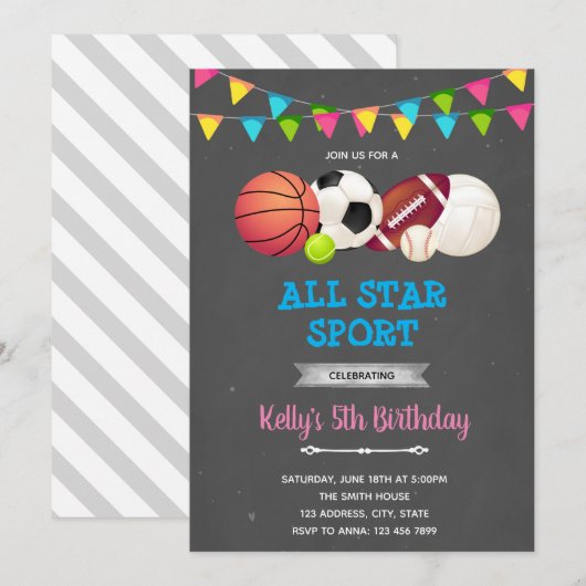 All star sport meisje party Uitnodiging (Voorkant / Achterkant)