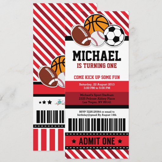 All Star Sport Ticket Pass Birthday Uitnodiging (Voorkant / Achterkant)