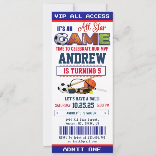 All Star Sport Ticket Uitnodiging voor verjaardags (Voorkant)