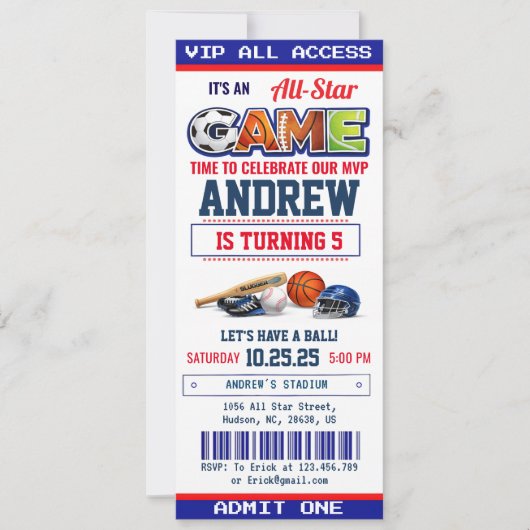 All Star Sport Ticket Verjaardagsfeest Uitnodiging (Voorkant)