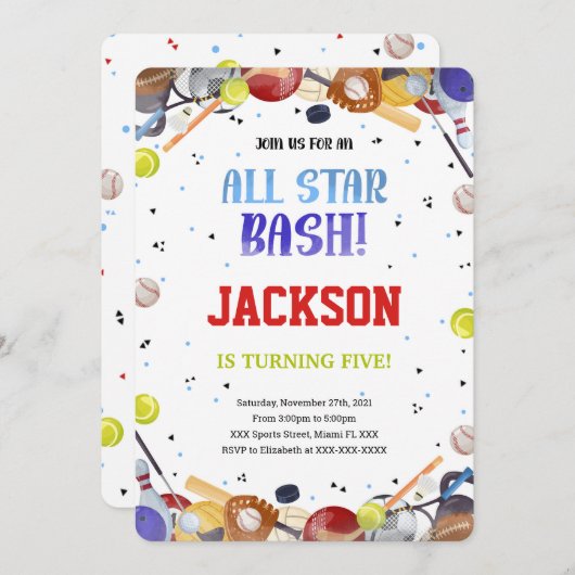 All Star Sport verjaardagsuitnodigingen Kaart (Voorkant / Achterkant)