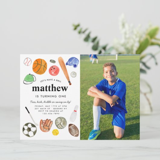 All Star Sports Balls Team Kind Boy Foto Verjaarda Kaart (Staand voorkant)