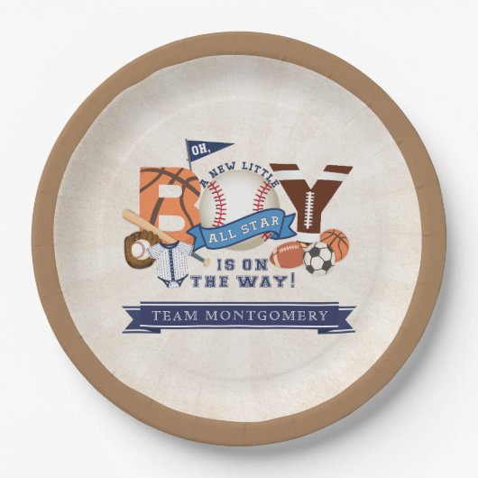 All Star Sports Boy Baby shower Papieren Bordje (Voorkant)