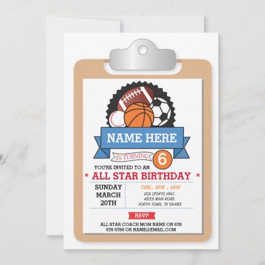 All Star Sports Party Basketbal Verjaardag Uitnodi Kaart (Voorkant)