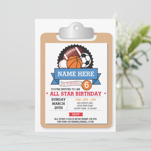 All Star Sports Party Basketbal Verjaardag Uitnodi Kaart (Staand voorkant)