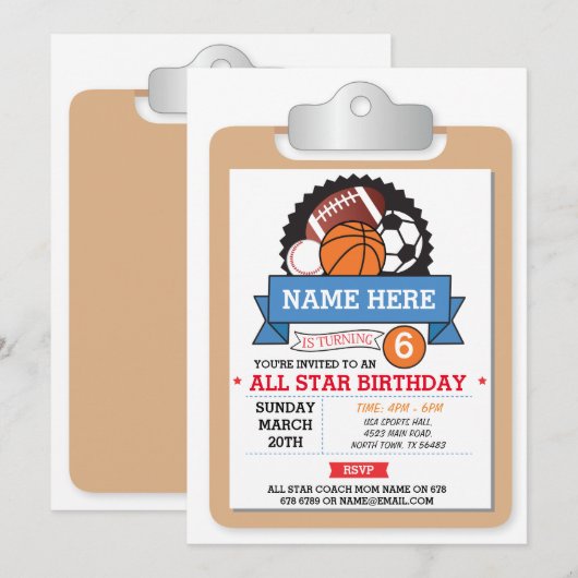 All Star Sports Party Basketbal Verjaardag Uitnodi Kaart (Voorkant / Achterkant)