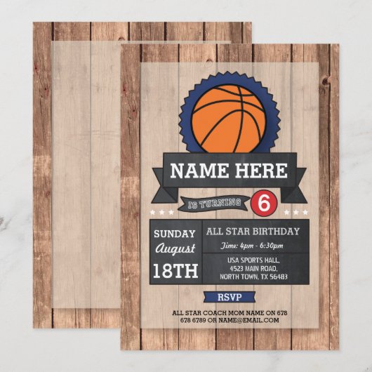 All Star Sports Party BasketBall verjaardagsuitnod Kaart (Voorkant / Achterkant)