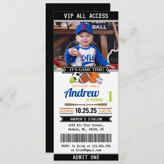 All Star Sports Ticket Uitnodiging Verjaardag (Voorkant / Achterkant)