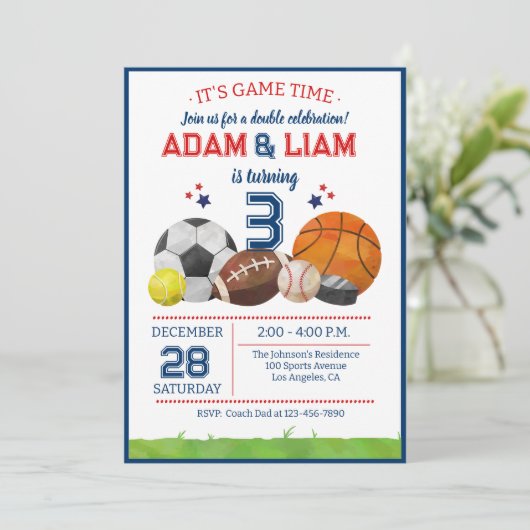 All Star Sports Twin Birthday  Party Kaart (Staand voorkant)