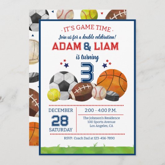 All Star Sports Twin Birthday Party Kaart (Voorkant / Achterkant)