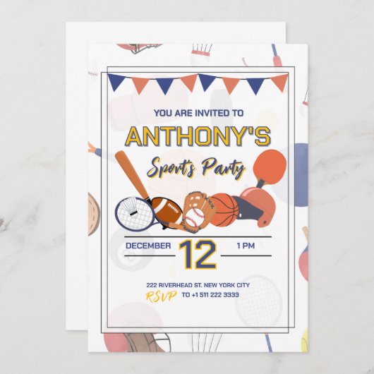 All-Star Sports Verjaardag Bash Uitnodiging (Voorkant / Achterkant)