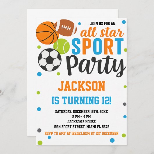 All-Star Sports verjaardagsuitnodiging Kaart (Voorkant / Achterkant)