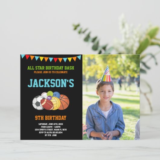 All Stars Black Sport Party Verjaardag met foto Kaart (Staand voorkant)