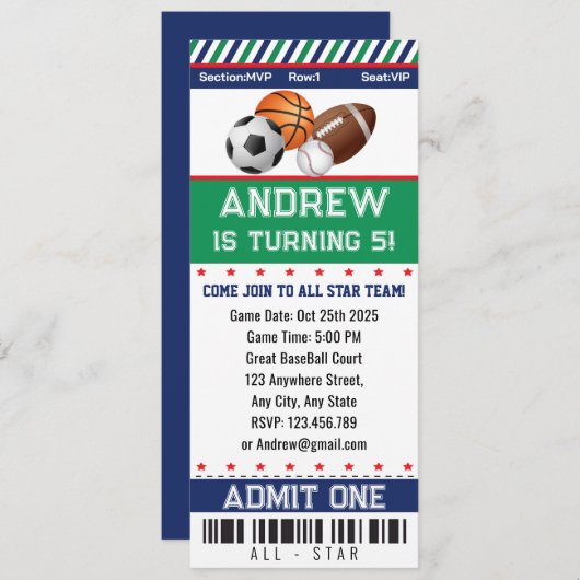 All Stars Sports Ticket Uitnodiging Verjaardag (Voorkant / Achterkant)