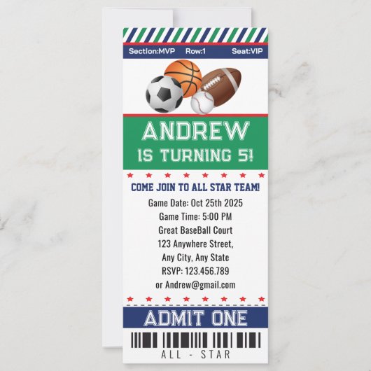 All Stars Sports Ticket Uitnodiging Verjaardag (Voorkant)