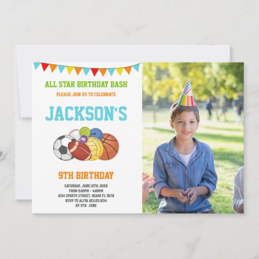 All Stars White Sports Party Verjaardag met foto Kaart (Voorkant)