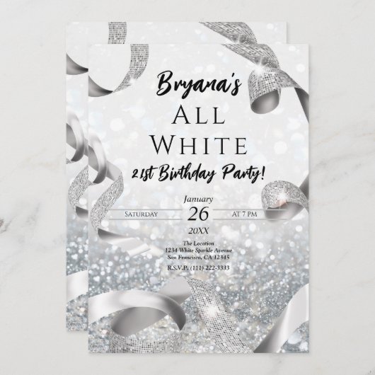 All That Glitters Zilver & Wit Verjaardagsfeest Kaart (Voorkant / Achterkant)