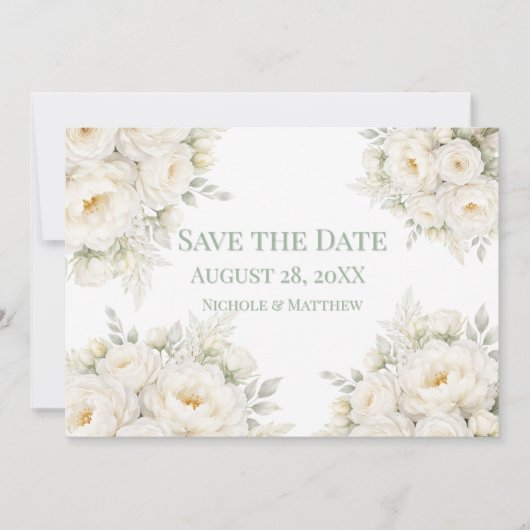All White Floral Wedding Save the Date (Voorkant)