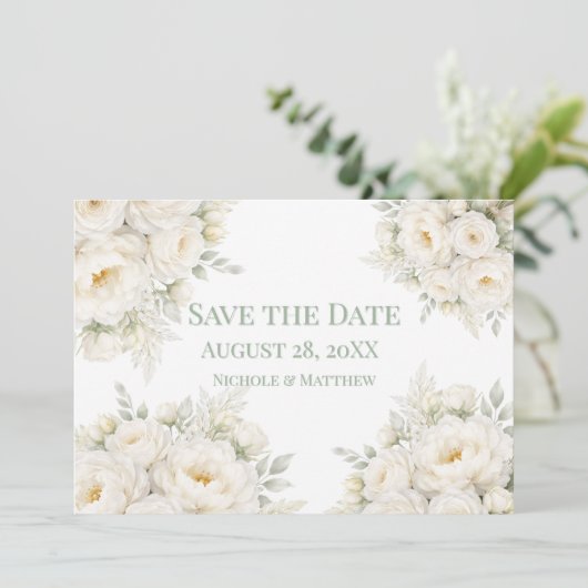 All White Floral Wedding Save the Date (Staand voorkant)