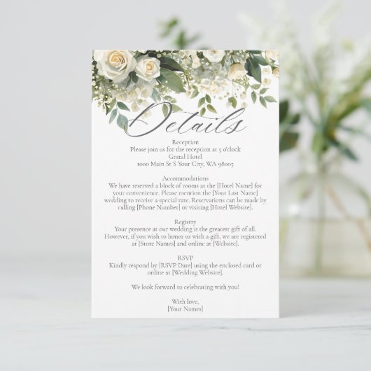 All White Hydrangea Rose Flowers Greenery Wedding Informatiekaartje (Staand voorkant)