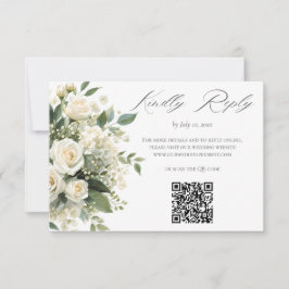 All White Hydrangeas Roses Wedding Website QR Code RSVP Kaartje