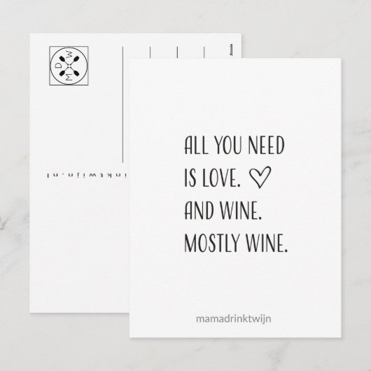 All you need is wine, grappige quote kaart (Voorkant / Achterkant)
