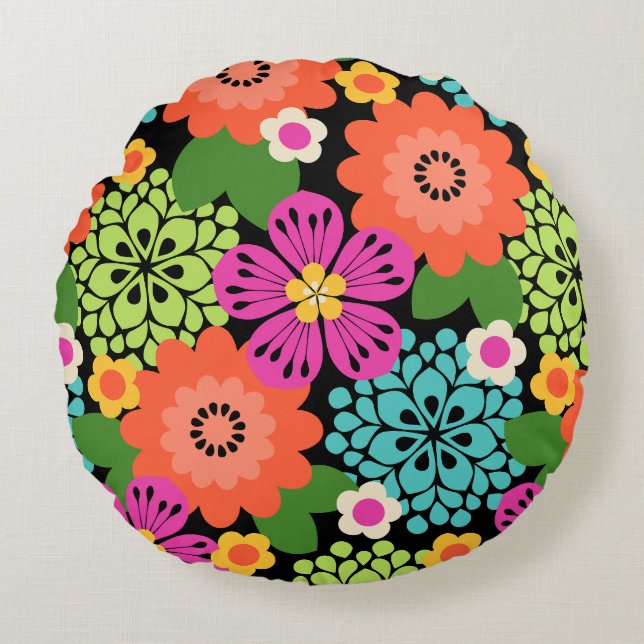 Allana Garden Hawaiian Graphical Floral - Zwart Rond Kussen (Voorkant)
