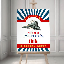 Alle aan boord trein verjaardagsfeestje welkom sig poster
