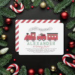 Alle aan boord van Christmas Steam Train Kind's Bi Kaart<br><div class="desc">Deze schattige "all aboard" kerstvakantie kind verjaardagsuitnodiging heeft een witte achtergrond met stoomtrein in het rood. De achterzijde heeft een witte achtergrond met rode diagonale strepen. Personaliseer het voor uw behoeften. Je kunt bijpassende producten vinden in mijn winkel.</div>