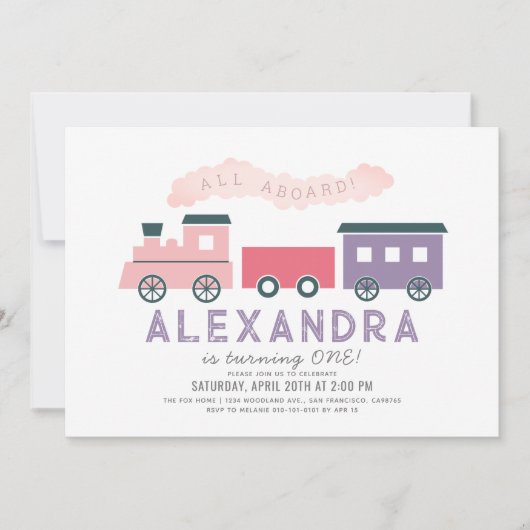 Alle Aboard Steam Train Pink Girl 1e verjaardag In Kaart (Voorkant)