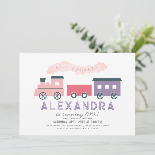 Alle Aboard Steam Train Pink Girl 1e verjaardag In Kaart (Staand voorkant)