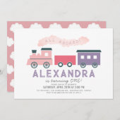 Alle Aboard Steam Train Pink Girl 1e verjaardag In Kaart (Voorkant / Achterkant)