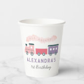 Alle Aboard Steam Train Pink Girl Birthday Papieren Bekers (Voorkant)