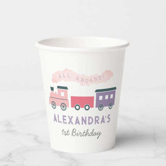 Alle Aboard Steam Train Pink Girl Birthday Papieren Bekers (Voorkant)