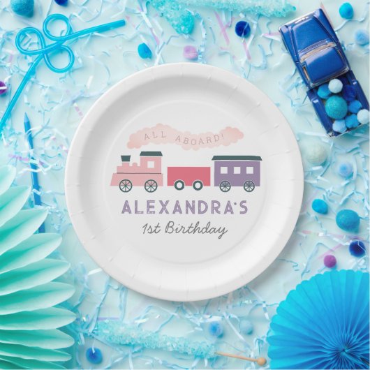 Alle Aboard Steam Train Pink Girl Birthday Papieren Bordje (Feest)