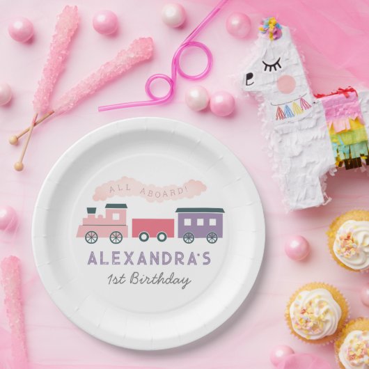 Alle Aboard Steam Train Pink Girl Birthday Papieren Bordje (Feest)