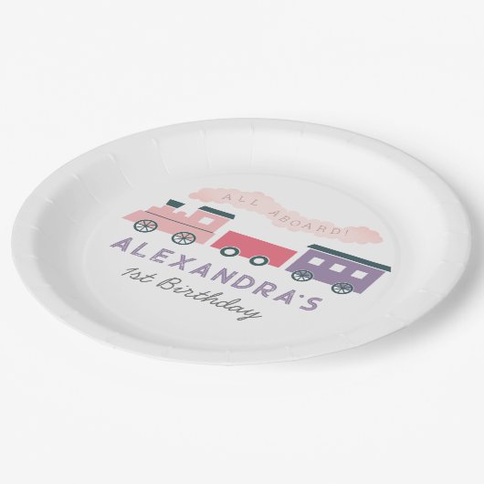Alle Aboard Steam Train Pink Girl Birthday Papieren Bordje (Gekanteld)