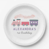 Alle Aboard Steam Train Pink Girl Birthday Papieren Bordje (Voorkant)