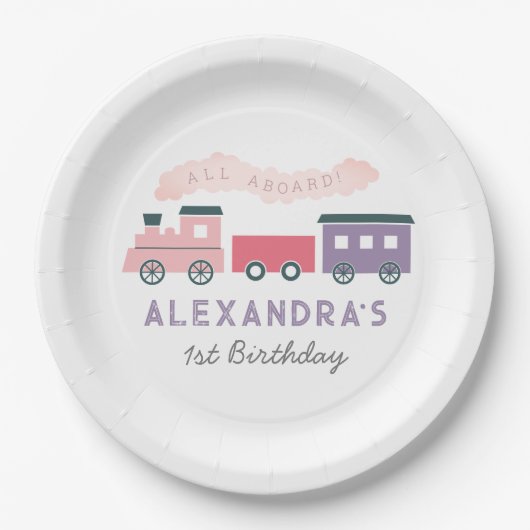 Alle Aboard Steam Train Pink Girl Birthday Papieren Bordje (Voorkant)