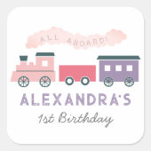 Alle Aboard Steam Train Pink Girl Birthday Vierkante Sticker (Voorkant)