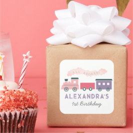 Alle Aboard Steam Train Pink Girl Birthday Vierkante Sticker