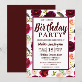 Alle Ages Burgundy Flowers Birthday Party nodigt u Kaart