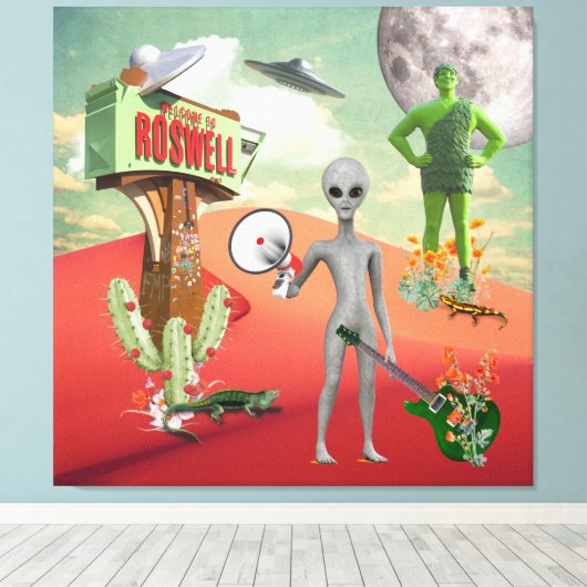 Alle Aliens UFO-woestijn Surreal Collage Canvas Afdruk (Insitu (Houten vloer))