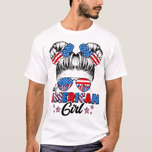 Alle Amerikaanse Grappig Meisje Messy Bun Patrioti T-shirt (Voorkant)