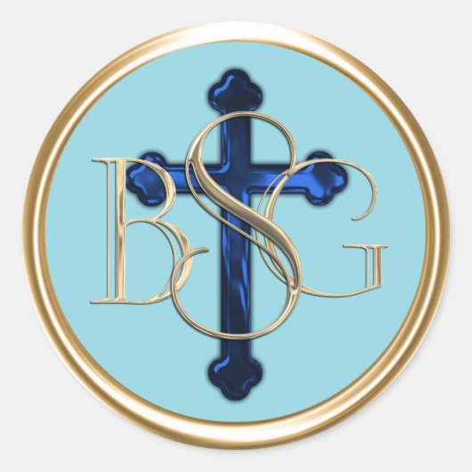 ALLE BEGINLETTERS Goud 3 Monogram Blauwe Kruis Ronde Sticker (Voorkant)