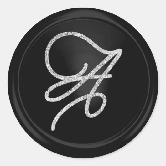 ALLE BEGINLETTERS Zilveren Script Monogram Zwart Ronde Sticker (Voorkant)
