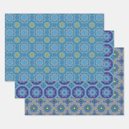 Alle Blauwe Naadloze Etnische Patroon Set 1 Inpakpapier Vel
