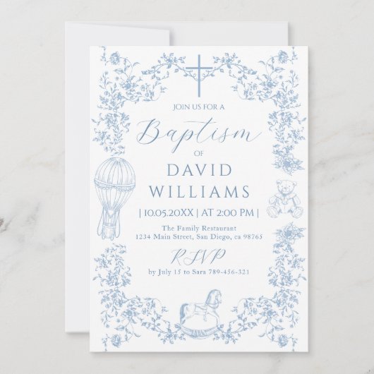 Alle Blauwe Toile Jongen Doop Elegant Digitaal Kaart (Voorkant)