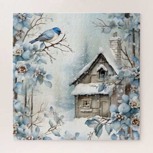 Alle Blauwe Winter Scene Vogel Oude Cabin Bloesems Legpuzzel (Horizontaal)